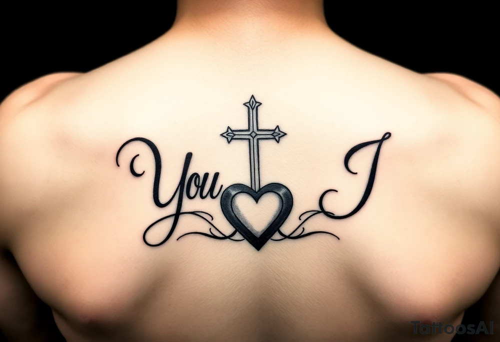 You and I together with a cross and a heart integrated into the design tattoo idea