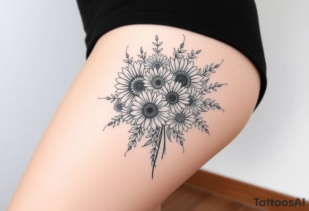 Bouquet of sunflowers, water Lillies, dahlias, marigolds, carnations, hydrangeas, daisys, and chrysanthemums tattoo idea