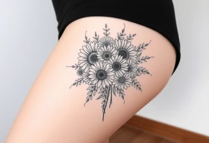Bouquet of sunflowers, water Lillies, dahlias, marigolds, carnations, hydrangeas, daisys, and chrysanthemums tattoo idea