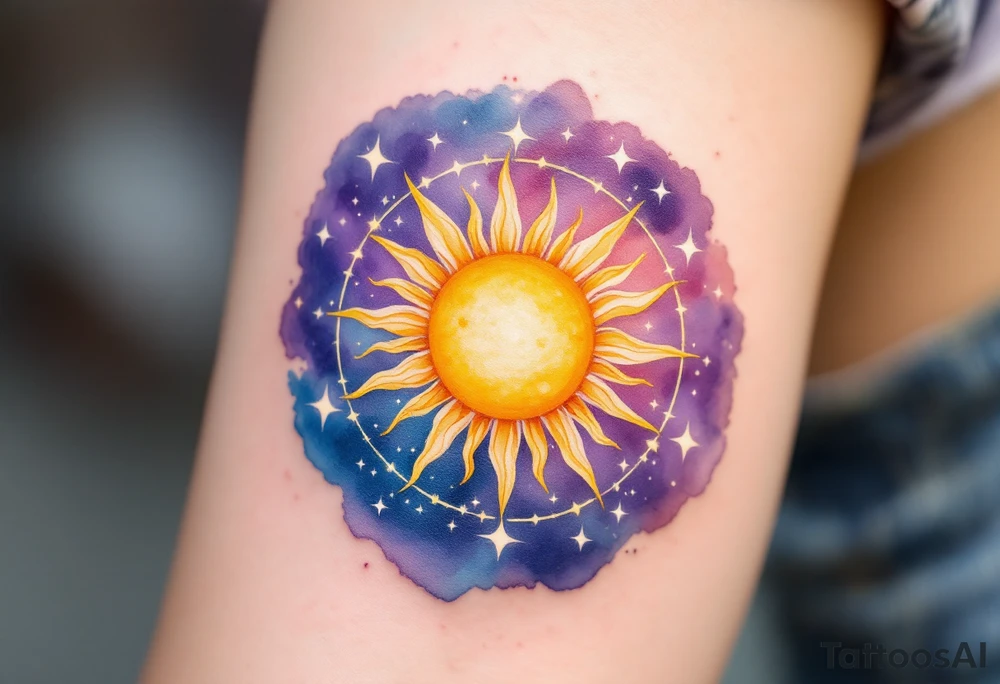 A circular design featuring the Sagittarius figure in the center, surrounded by a sun in golden yellow and star clusters in soft white. The background has a gradient of purple to dark blue, symbolizing Sagittarius' connection to both the sun and stars, representing enlightenment and wisdom. tattoo idea