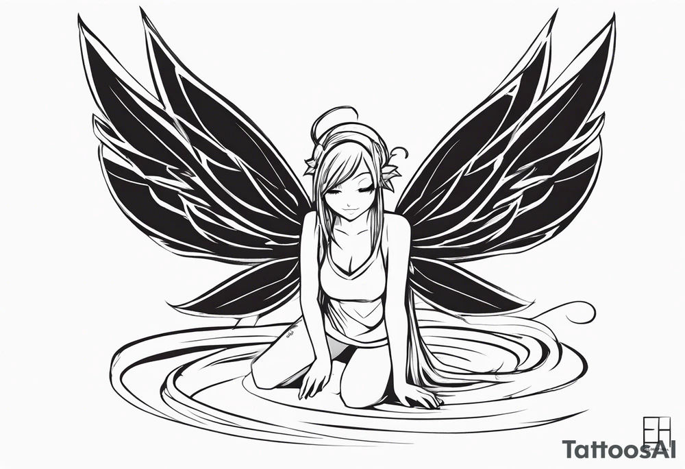 No color sketch of a fairy with a tail inspired by the guild symbol in the anime show called Fairy Tail in a fetal position leaning forward while crawled in and her body is an angle while floating in the air with big wings tattoo idea