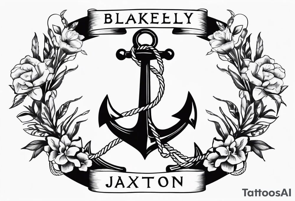 Anchor with ribbon around it with the names Blakely and Jaxton tattoo idea