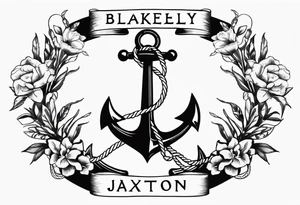 Anchor with ribbon around it with the names Blakely and Jaxton tattoo idea