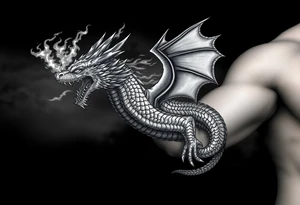 fierce dragon breathing iridescent fire against stormy skies tattoo idea