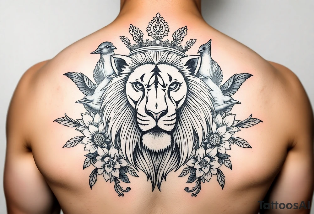 powerful majestic lion with a crown, surrounded by floral ornaments and birds tattoo idea