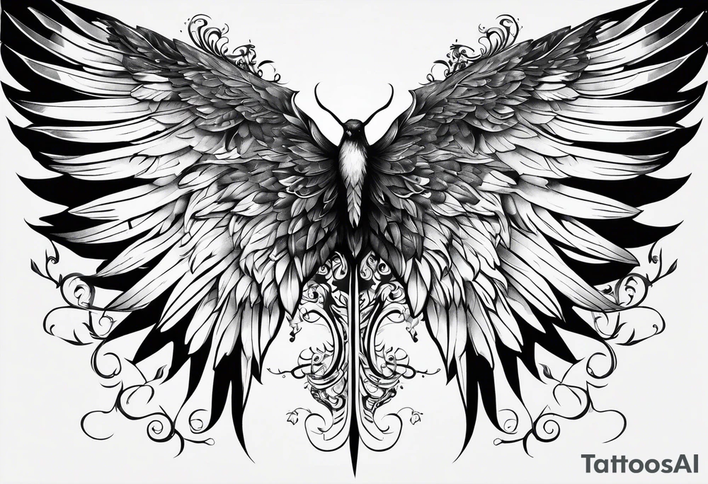 Realistic wings with an upside down cross between the wings tattoo idea Realistic wings with an upside down cross between the wings tattoo idea