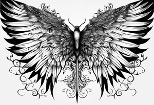 Realistic wings with an upside down cross between the wings tattoo idea