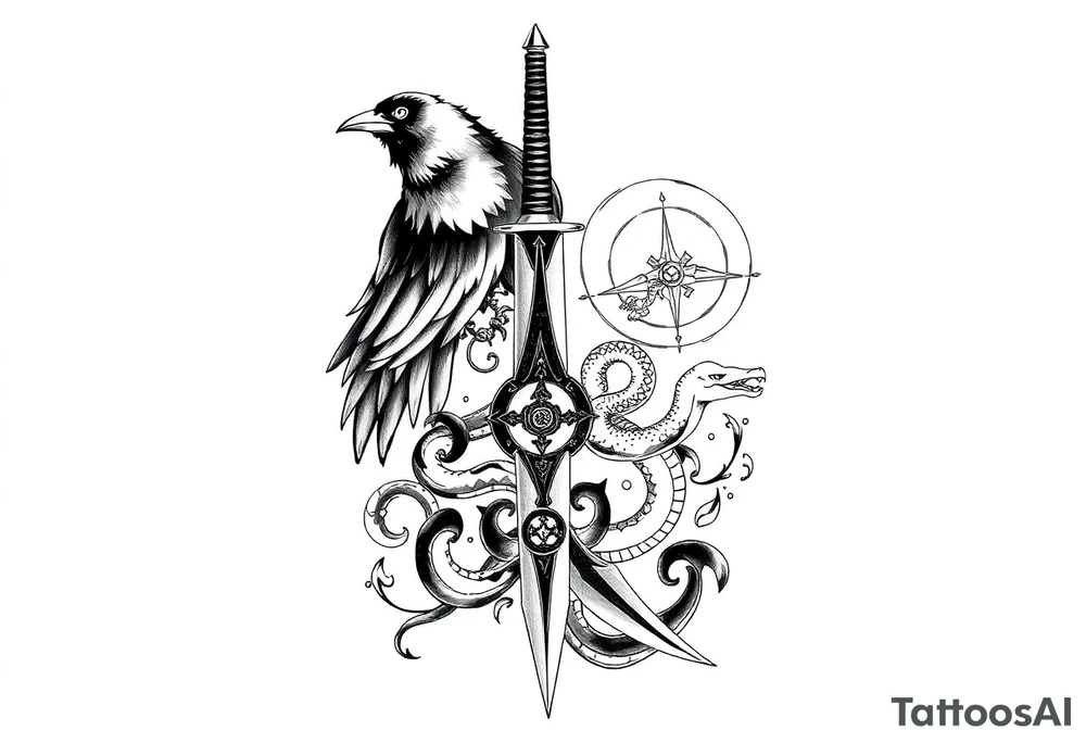 Kunai with crow, snake, Uchiha emblem and Akatsuki cloud from Naruto tattoo idea