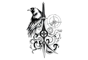 Kunai with crow, snake, Uchiha emblem and Akatsuki cloud from Naruto tattoo idea