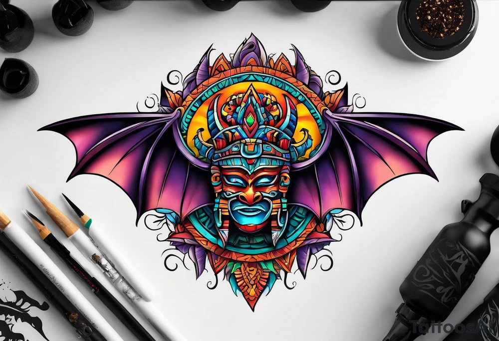Colorful Mayan cave and bats tattoo idea