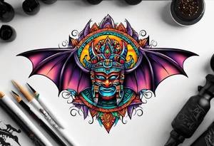 Colorful Mayan cave and bats tattoo idea