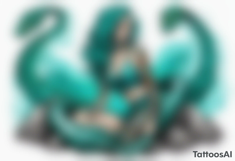 A sea serpent woman hybrid covered in turquois scales sitting on rocks by the ocean tattoo idea