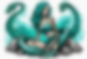 A sea serpent woman hybrid covered in turquois scales sitting on rocks by the ocean tattoo idea