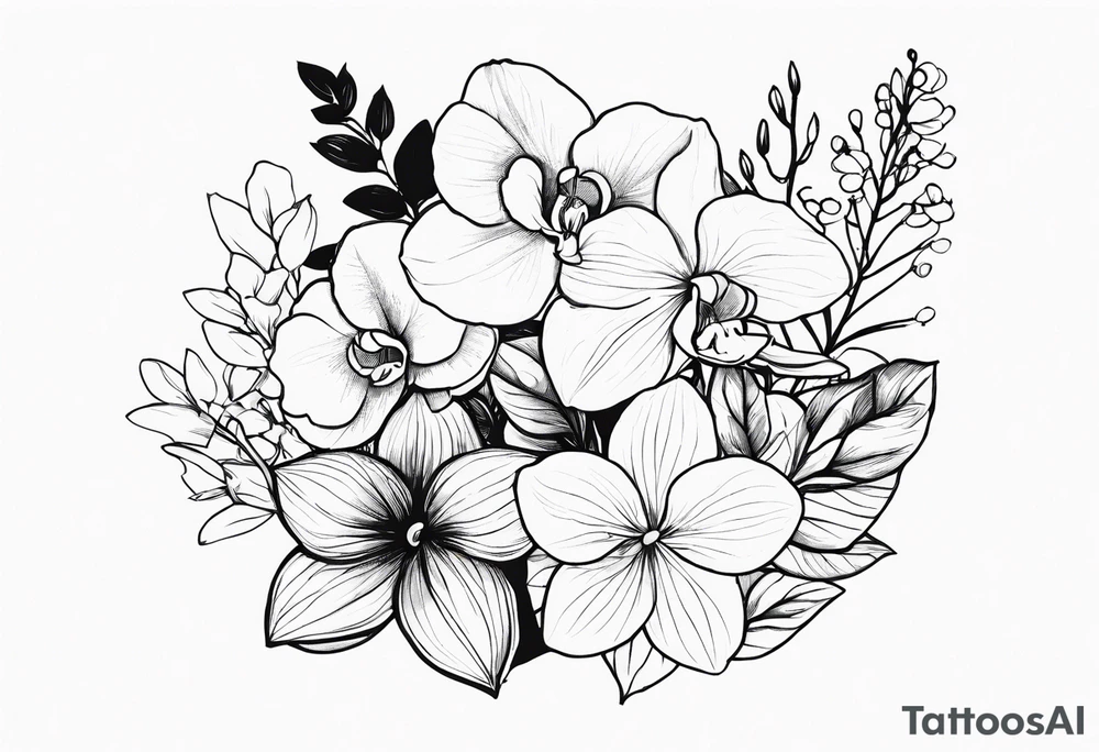 birth flower bouquet with orchid and hydrangeas showing stems tattoo idea birth flower bouquet with orchid and hydrangeas showing stems tattoo idea