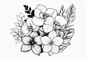 birth flower bouquet with orchid and hydrangeas showing stems tattoo idea