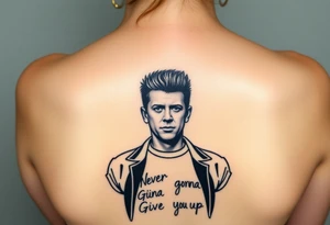 Rick Astley's Face, shoulders, Black jacket, Black and White T-shirt outline with text "Never Gonna Give You Up" tattoo idea