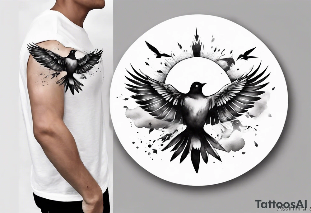 shoulder tattoo with light rays with birds flying free among the clouds, round shape, 3d effect tattoo idea