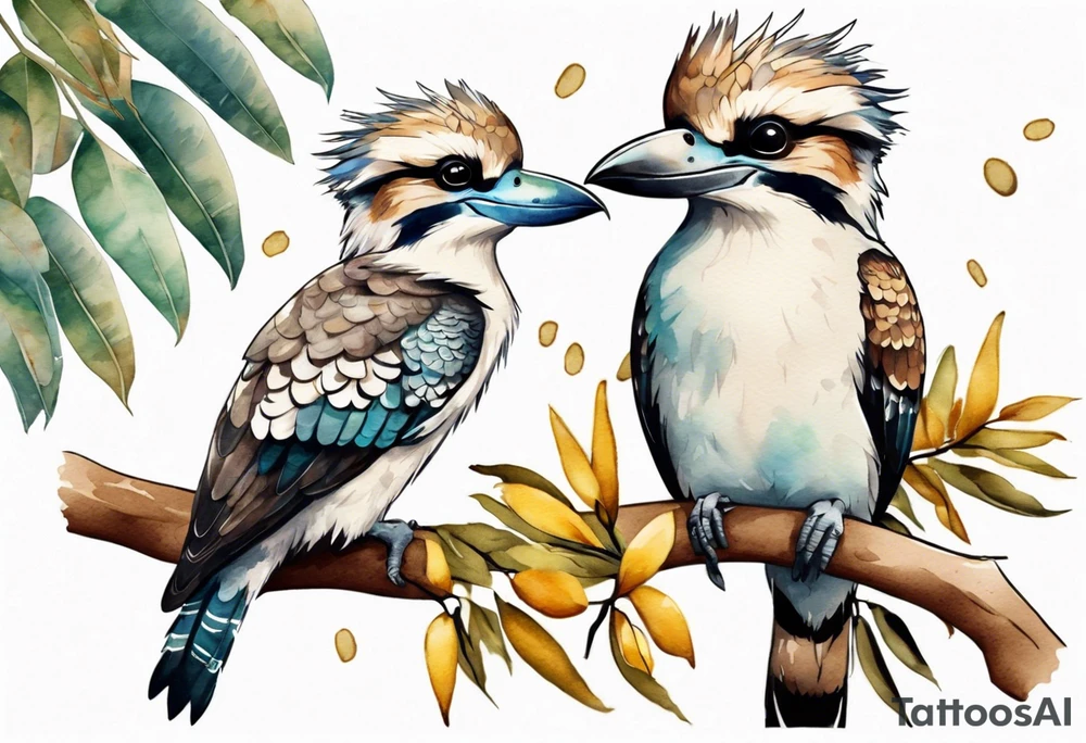Cartoon kookaburra sitting on wattle and eucalyptus leaves tattoo idea