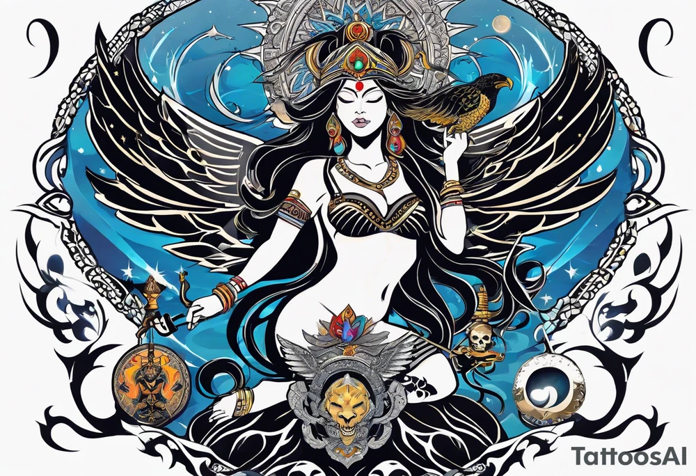 black kali, goddess pirate, alien, angel, pachamama, valkrye, warrior, flying, skull, lotus azul, wing, eagle, zenza resonance, stars, 5D, anahata chakra, death, durga, riding on a tiger, flying lady tattoo idea