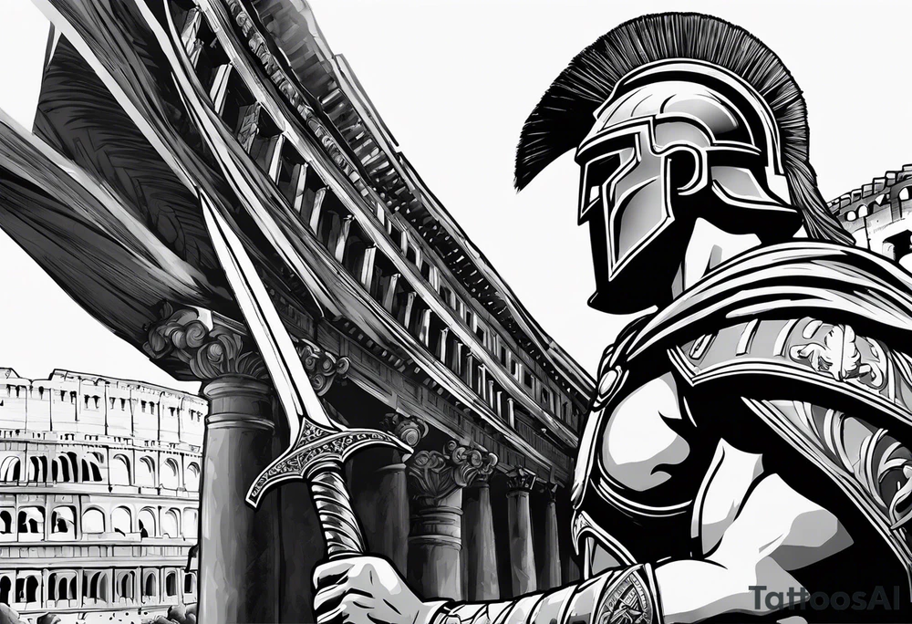 Side profile of spartan soilder with Rome Pantheon and colosseum in background tattoo idea