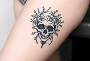 ornate skull adorned with crown of wild roses and thorns tattoo idea