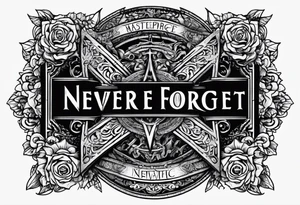 A text that says "never forget never forgive" in satanic font tattoo idea