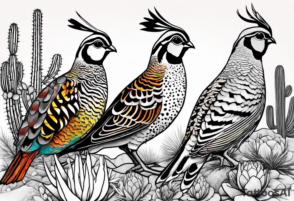 Three quails, desert flowers, cactus, ocotillo, tattoo idea