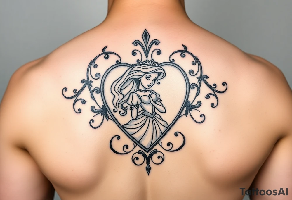 disney sleeping beauty princess in a decorative filigree heart tattoo idea