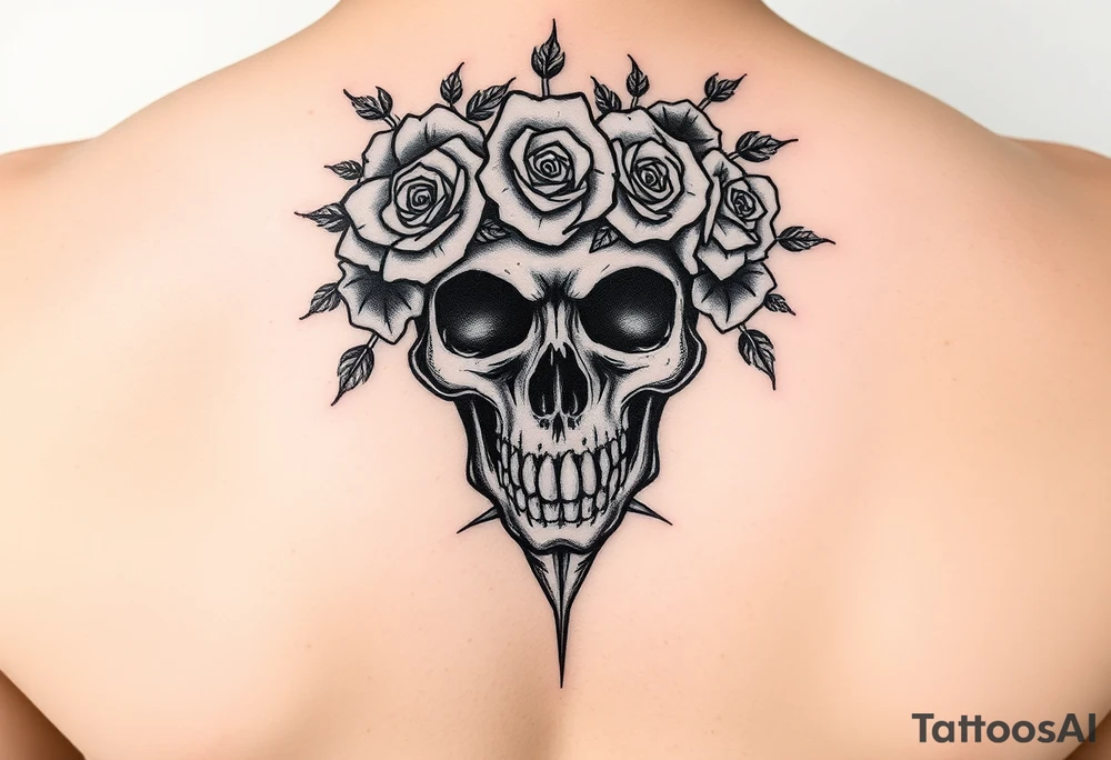 ornate skull adorned with crown of wild roses and thorns tattoo idea