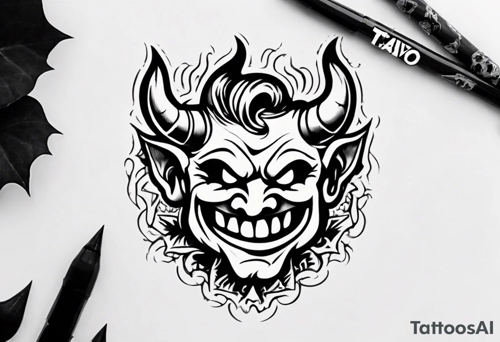 The word Tavo inside the naughty devil emoji tattoo idea