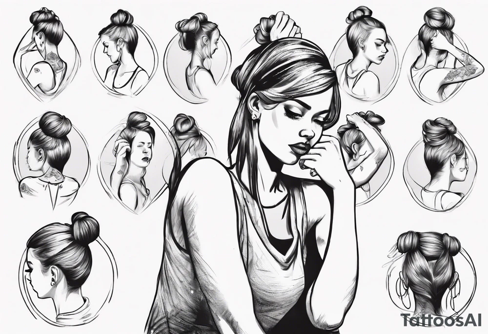 Cute girl tying her hair at the back of her head. She is wearing a sleeveless shirt tattoo idea
