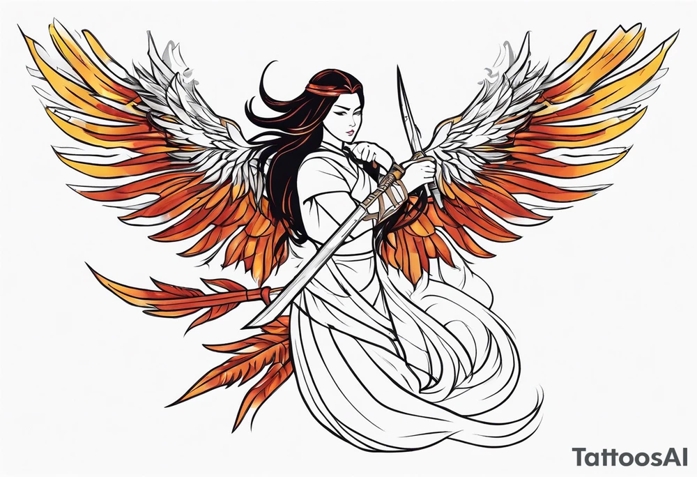 female warrior with phoenix and weapons tattoo idea