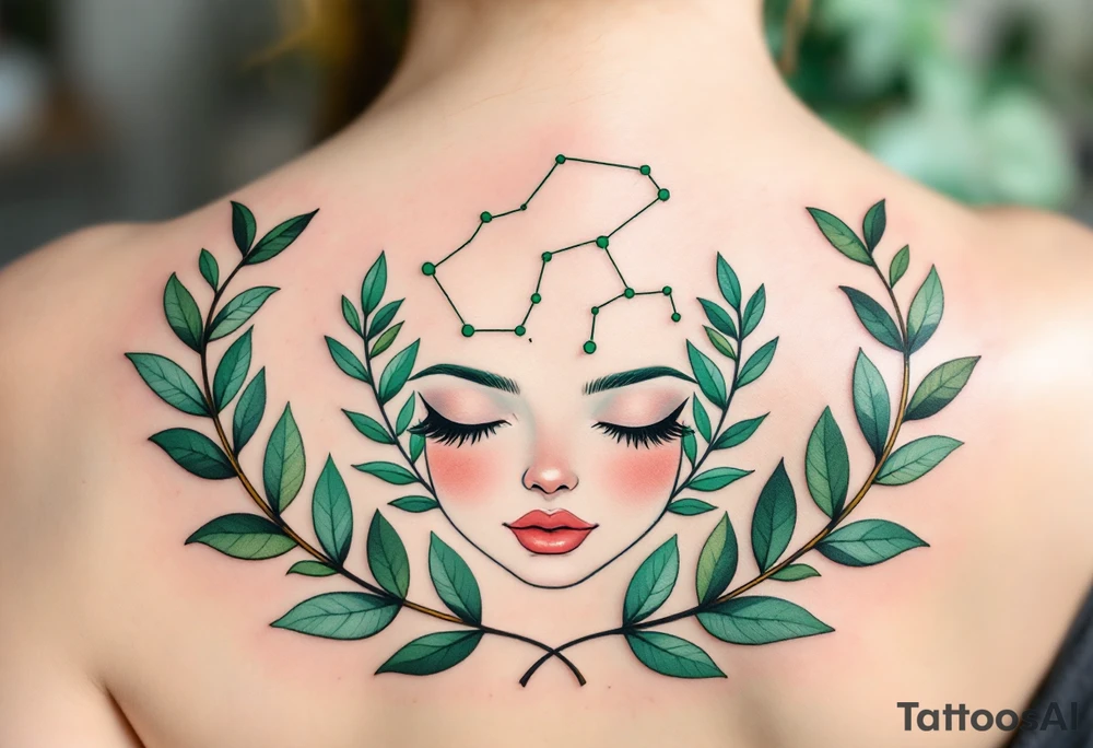 A Virgo constellation in deep emerald green overlays a serene face framed by cornflower-blue laurel leaves. tattoo idea