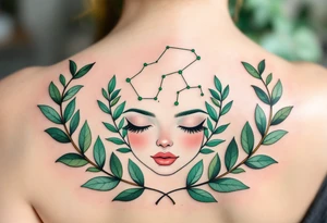 A Virgo constellation in deep emerald green overlays a serene face framed by cornflower-blue laurel leaves. tattoo idea