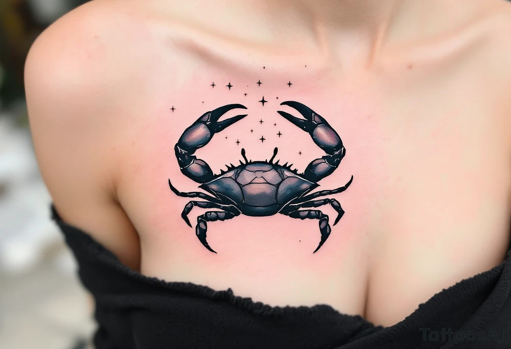 A minimalist crab drawn in black rests beneath white Cancer stars constellation scattered across a dusky rose sky. tattoo idea