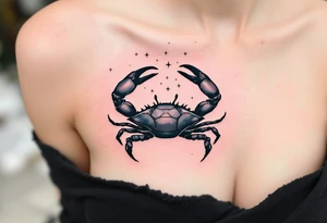 A minimalist crab drawn in black rests beneath white Cancer stars constellation scattered across a dusky rose sky. tattoo idea