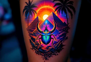 A glowing scarab beetle carrying an Ankh, set against a backdrop of golden pyramids under a twilight sky. tattoo idea