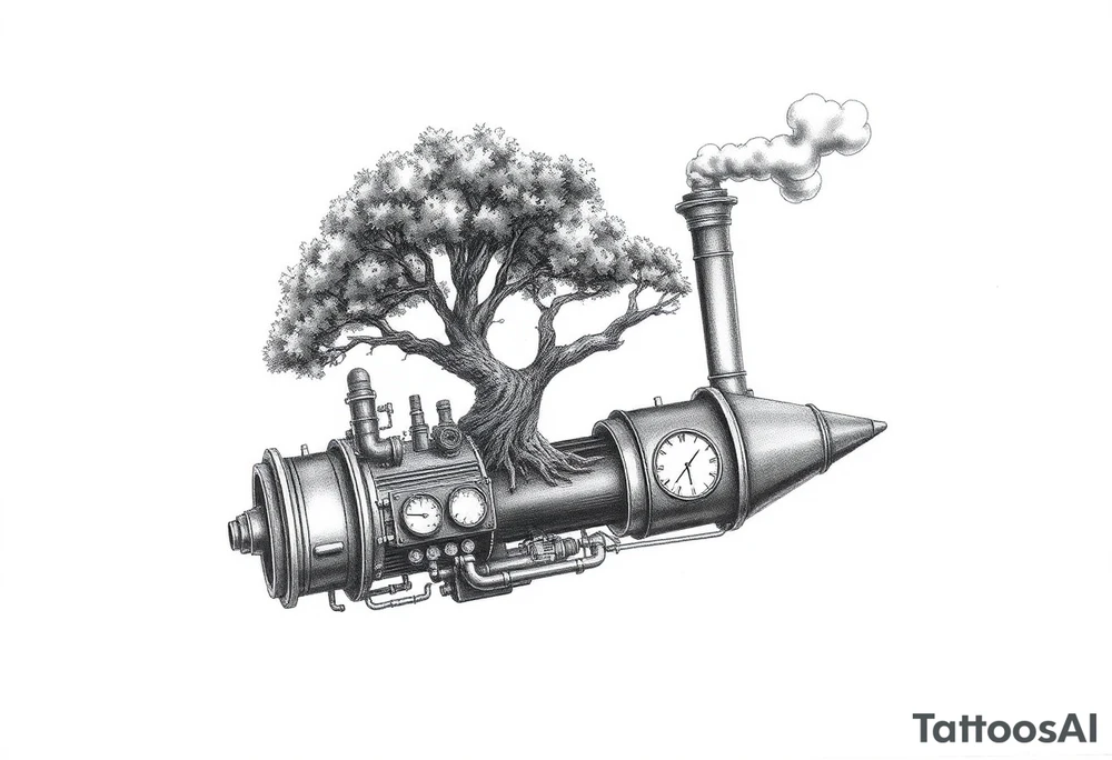 tree growing out of a v shaped engine with lots of pipes, guages and steam around the engine 
 with a smoke stack coming out of the top 
 billowing black smoke as if the tree and engine were a flying machine flying through the air 
 with an extreme steam punk vibe alot more steam punk 
it should look somewhat like a hot air baloon where the tree is the balloon and the machine is the basket but they are together as one unit, and the sky should have clouds in the back ground as if it were chugging along flying through the sky and needs to look extremely steam punk
the smoke stack should be coming out of the tree and the smoke should be trailing behind the machine tattoo idea