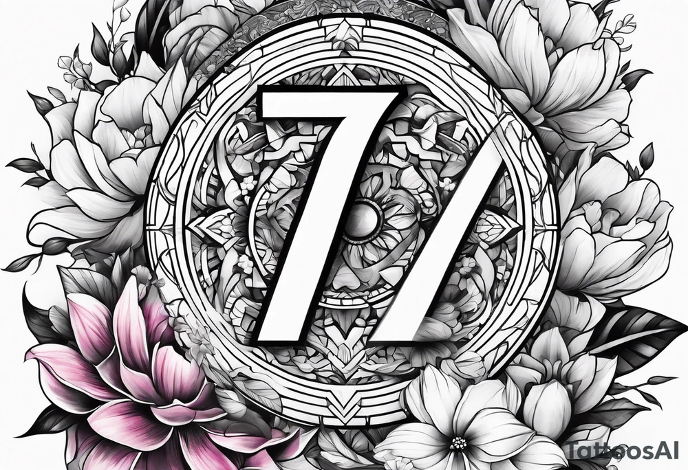 The number seven surrounded by colorful flowers tattoo idea