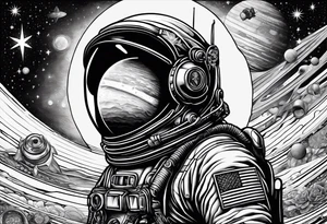 Craft an intricate black and white tattoo design inspired by the themes and imagery from Ray Bradbury's "Cosmonaut" and the poignant lyrics of Elton John's "Rocket Man." tattoo idea