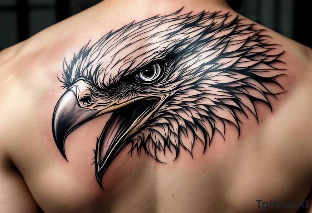 Fierce bird with all seeing gaze and sharp talons with feather in beak tattoo idea