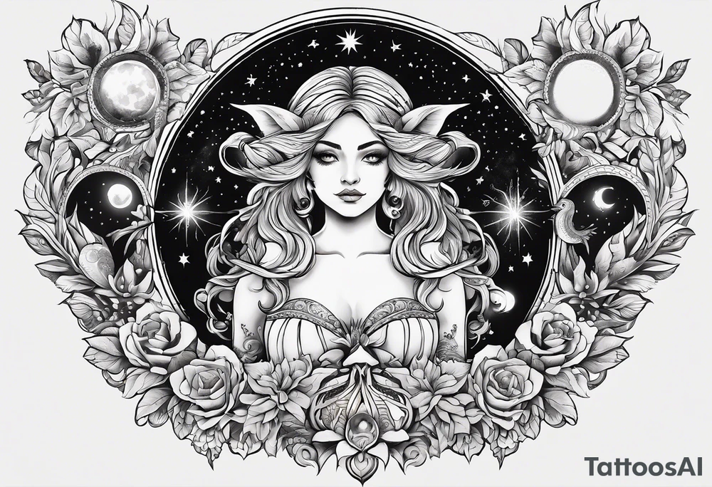 A tattoo design inspired by southern Italian folklore tales, incorporating mystical creatures and celestial objects such as moons and stars, reflecting the client's love for folklore and celestial objects. tattoo idea