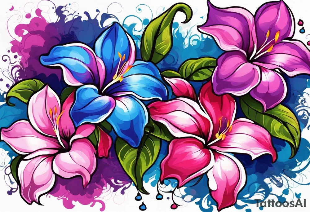 brushstroke abstract pink, purple, and blue mandevilla flowers on a vine, with color leaking out into the background. SOme of the flowers should be full color, and some just linework. It should have a handdrawn, sketch feel. tattoo idea