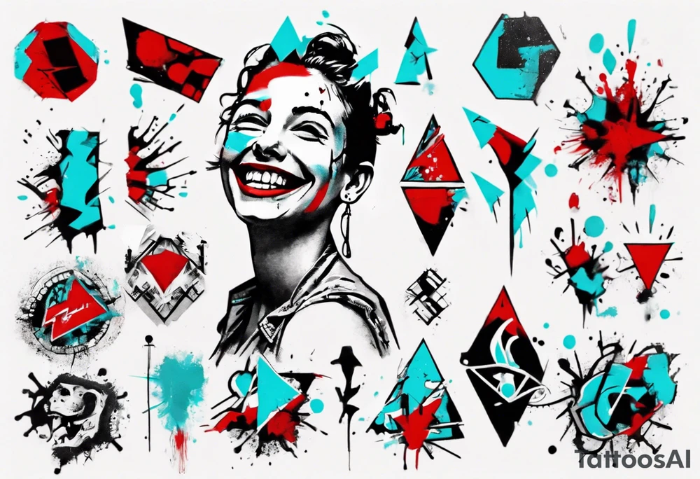 BANKSY ART STYLE,  cyan and red, acquarel, abstract, damage done, realistic smile, romancistic, geometric, single flash image tattoo idea