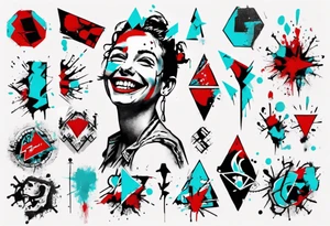 BANKSY ART STYLE,  cyan and red, acquarel, abstract, damage done, realistic smile, romancistic, geometric, single flash image tattoo idea