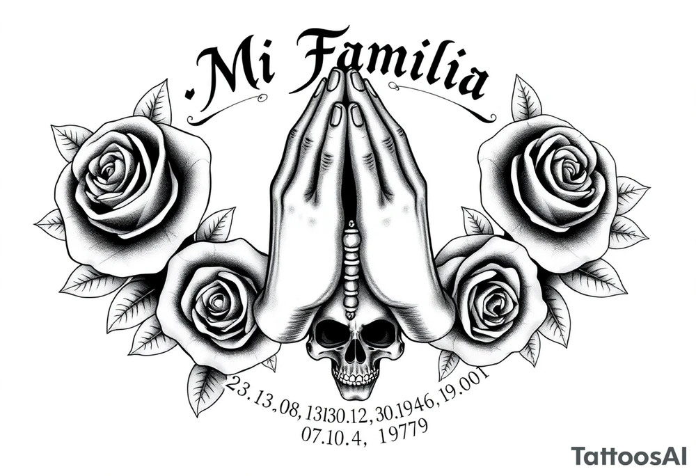 Black and grey gang style tattoo design. Centered praying hands with a rosary, surrounded by three realistic roses. Above the hands, gothic text saying 'Mi Familia'. Below each rose, a date in this order: '23.06.1980', '30.12.1946', '07.04.1979'. Add a crowned skull subtly in the background, symbolizing loyalty after death. Chicano tattoo style, fine shading, no color tattoo idea