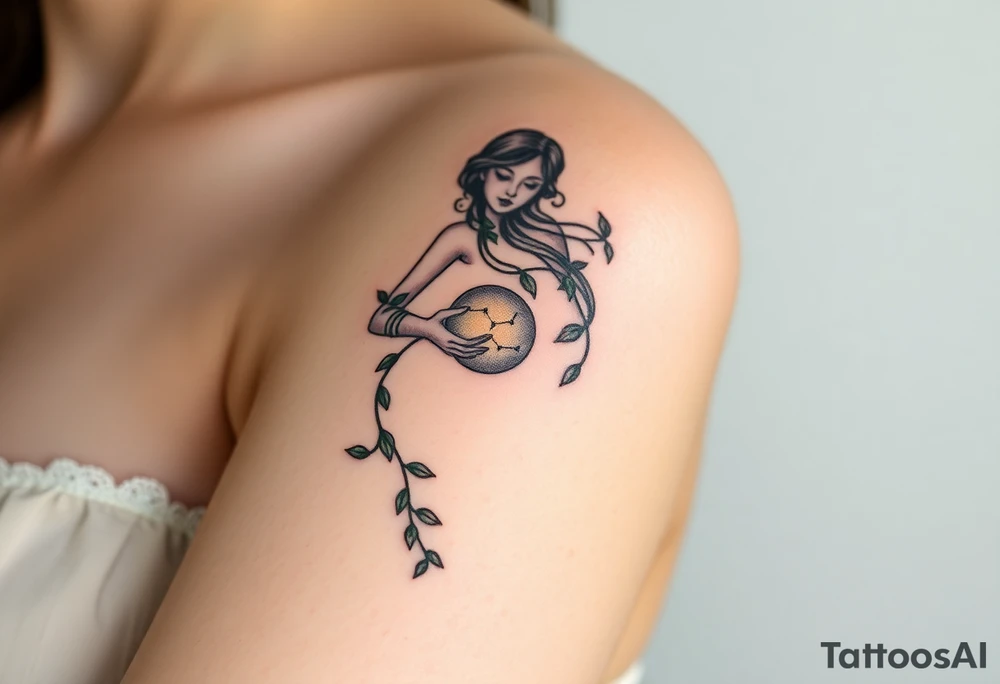 A gentle forest nymph with ivy-wrapped arms, holding a small glowing crystal ball that reflects the Virgo constellation tattoo idea