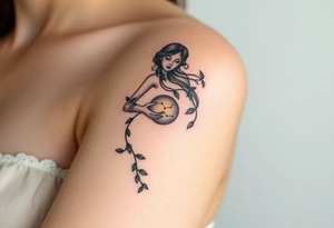 A gentle forest nymph with ivy-wrapped arms, holding a small glowing crystal ball that reflects the Virgo constellation tattoo idea