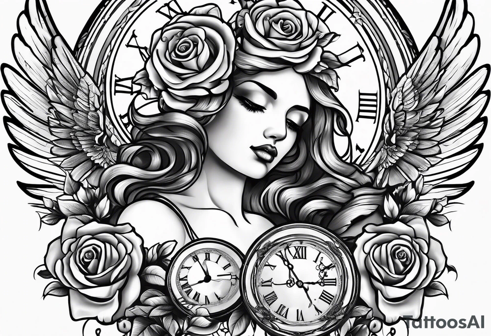 angel, roses, clock, name MARTINA tattoo idea