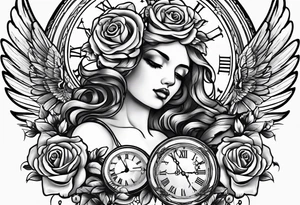 angel, roses, clock, name MARTINA tattoo idea